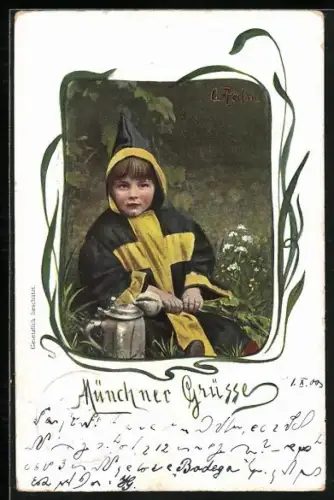 AK München, Münchner Kindl mit Humpen und Radi auf einer Wiese