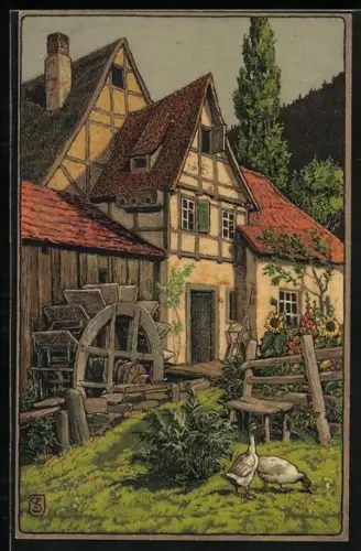 Künstler-AK Meissner & Buch (M&B) Nr. 1533: Landschaften in Steinzeichnung, alte Mühle