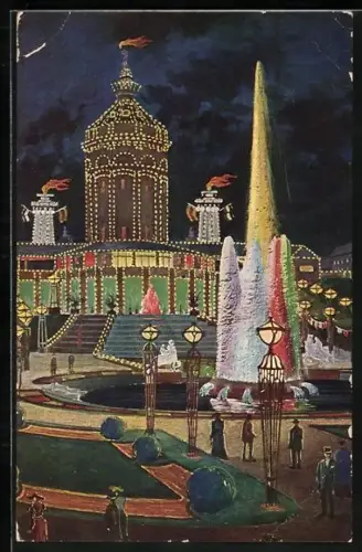 Künstler-AK Mannheim, Jubiläums-Ausstellung, Am Wasserturm mit der Leuchtfontaine