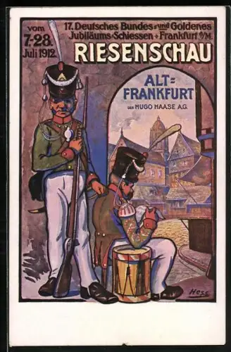 Künstler-AK Hess: Frankfurt a/M, 17. Dt. Bundes- und Goldenes Jubiläums-Schiessen 1912, Riesenschau, Soldaten