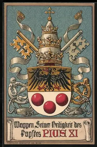 AK Seine Heiligkeit Papst Pius XI., Wappen mit Schlüssel und Insignien