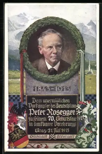 Künstler-AK R. Assmann: Graz, Portrait Peter Rosegger, 70. Geburtstag des Dichters 1913, Verein Südmark