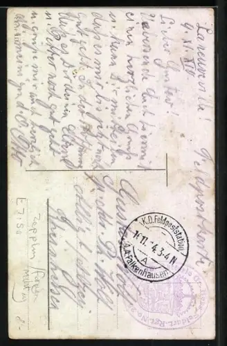 Künstler-AK Einschlagendes Geschoss in einem Fort bei Lüttich, Zeppelin über der Szenerie
