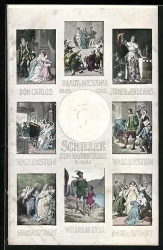 AK Portrait Friedrich Schiller, Szenen aus seinen Stücken