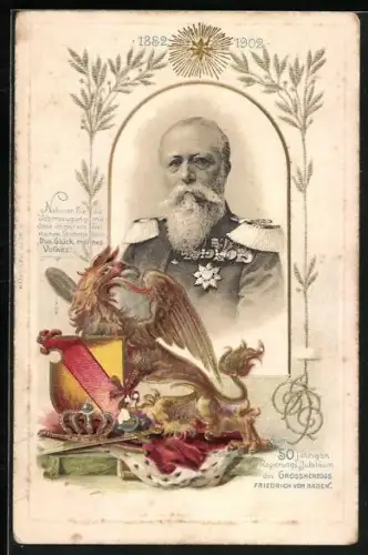 AK Grossherzog Friedrich von Baden, Portrait und Wappen