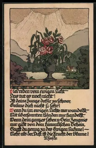Steindruck-AK Rote Rosen in einer Vase auf Geländer vor einem See, Gedicht von M. Feesche