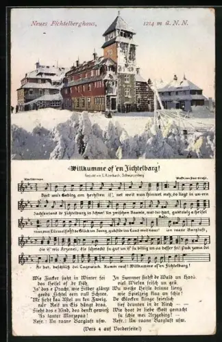 Lied-AK Willkumme offen Fichtelbarg, Lied von C. Rambach u. Paul Grosse, das Neue Fichtelhaus, Winteransicht