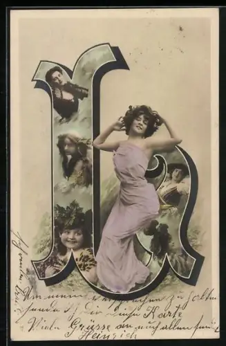 AK Buchstabe L, Elegante Dame und Frauenmotive, Montage