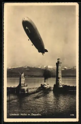 AK Lindau, Zeppelin über dem Hafen, Dampfer