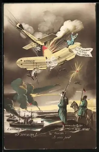 AK Le Francais, Le suis prét, Flieger Triple-Entente beschiesst einen Zeppelin, Propaganda Entente
