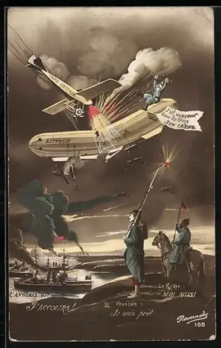 AK Le Francais, Le suis prét, Flieger Triple-Entente beschiesst einen Zeppelin, Propaganda Entente