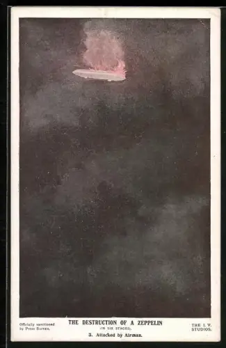 AK The Destruction of a Zeppelin, Attacked by Airman, brennender Zeppelin