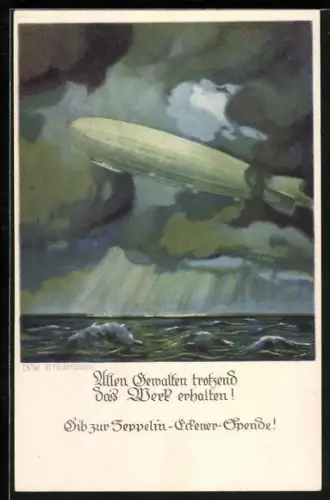 Künstler-AK Otto Amtsberg: Zeppelin in einem Sturm über dem Meer