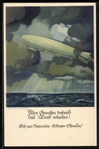 Künstler-AK Otto Amtsberg: Zeppelin in einem Sturm über dem Meer