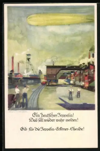 Künstler-AK Zeppelin passiert eine Fabrik