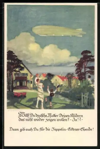 Künstler-AK Mutter zeigt ihren Kindern ein Zeppelin am Himmel, Zeppelin-Eckener-Spende