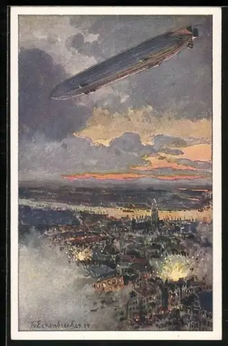 Künstler-AK Themistokles von Eckenbrecher: Antwerpen, Zeppelin Luftschiff über der brennenden Stadt