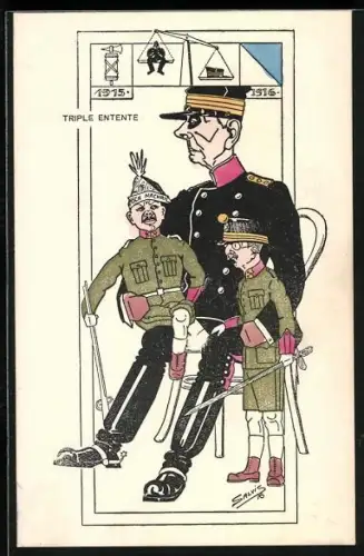 Künstler-AK Karl Feiertag: Triple entente, Französischer Soldat mit Russen und Engländer Soldaten auf Schoss