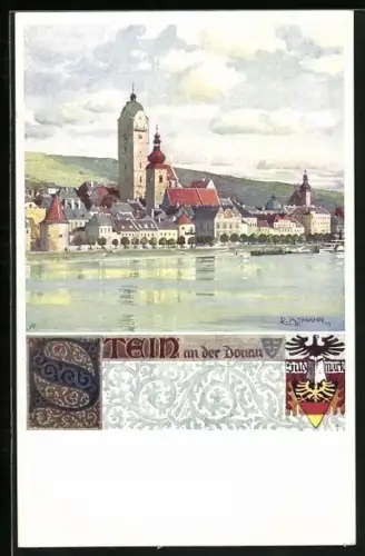 Künstler-AK Stein an der Donau, Uferpartie mit Kirche