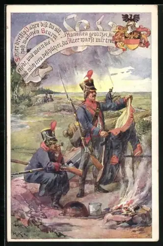 Künstler-AK Infanteristen am Lagerfeuer auf dem Felde, Schier dreissig Jahre bist du alt...