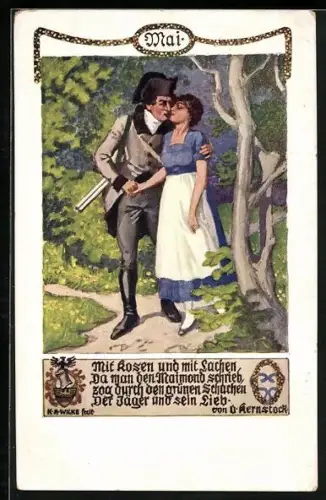 Künstler-AK Karl Alex Wilke: Mai, Mit Kosen und mit Lachen..., O. Kernstock, Paar im Park