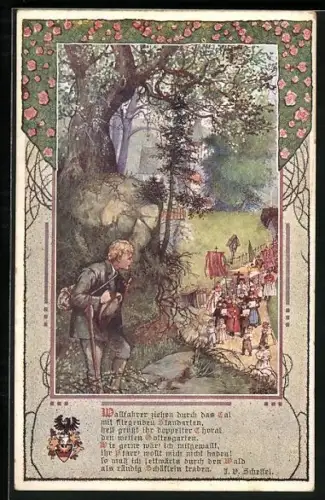 Künstler-AK T.Welzl: Junger Wanderer beobachtet einen Festzug