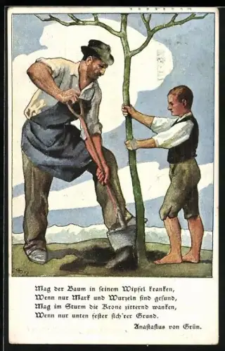 Künstler-AK Österreich, Vater und Sohn pflanzen einen Baum, Verein Südmark