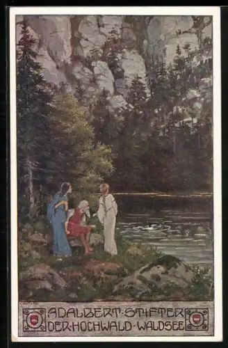 Künstler-AK Ernst Kutzer: Adalbert Stifter, der Hochwald, alter Mann & 2 Frauen am Waldsee