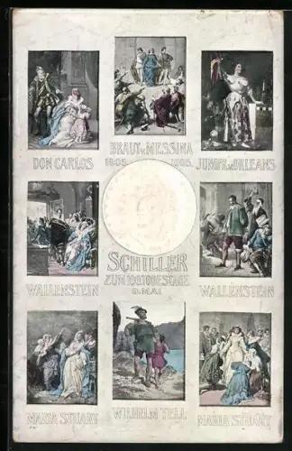 AK Portrait Friedrich Schiller, Szenen aus seinen Stücken