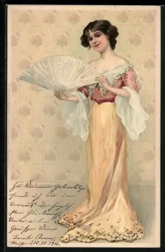 Künstler-AK Meissner & Buch (M&B) Nr. 1185: Frau im Kleid mit einem Fächer
