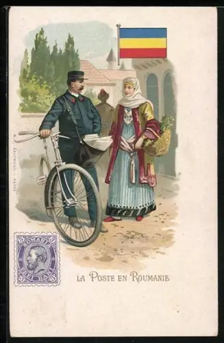 Lithographie Paris, Exposition Universelle 1900, La Poste en Roumanie, Postbote mit Fahrrad, Briefträger