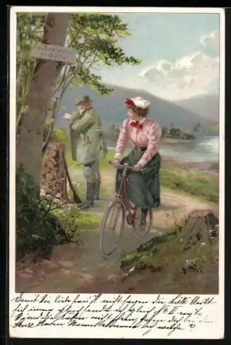 AK Förster notiert sich Radfahrerin, die einen verbotenen Waldweg benutzt