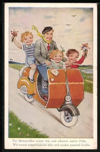 Künstler-AK Per Motorroller bringen wir Geburtstagsglückwünsche heute Dir