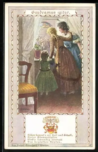 Künstler-AK Franz Kuderna: Gaudeamus igitur, Näher kommt`s mit Hall und Schall...