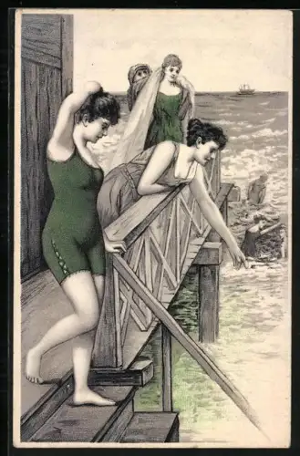 Lithographie Mädchen in Bademode am Meer