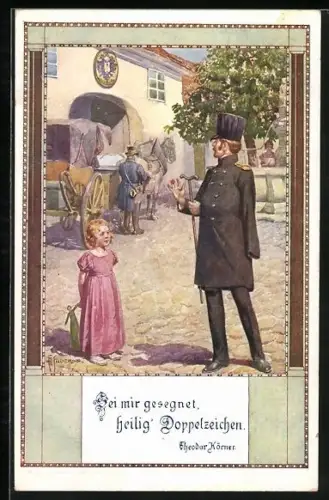 Künstler-AK Franz Kuderna: Bei mir gesegnet, heilig Doppelzeichen, Pferdekutsche auf dem Hof