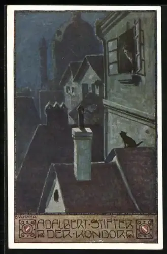 Künstler-AK Ernst Kutzer: Adalbert Stifter, Der Kondor, Frau guckt aus ihrem Fenster, Katze