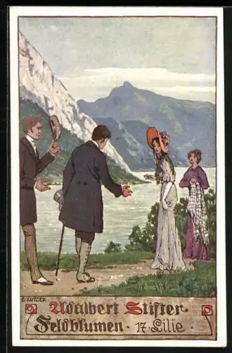 Künstler-AK Ernst Kutzer: Ein Treffen am Bergsee, Adalbert Stifter
