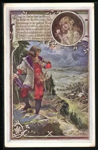 Künstler-AK Rud. Dutz: Wanderer blickt aus der Ferne auf sein Heimatdorf