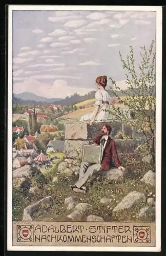 Künstler-AK Ernst Kutzer: Adalbert Stifter, Nachkommenschaften, junge Frau schaut auf den Ort