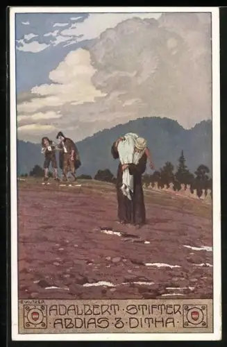 Künstler-AK Ernst Kutzer: Adalbert Stifter, Abdias & Ditha, alter Mann trägt Frau über ein kahles Feld