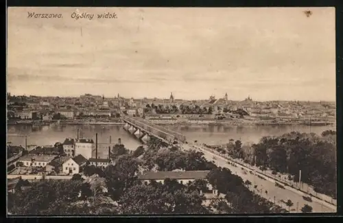 AK Warszawa, Gesamtansicht mit Brücke und Weichsel aus der Vogelschau