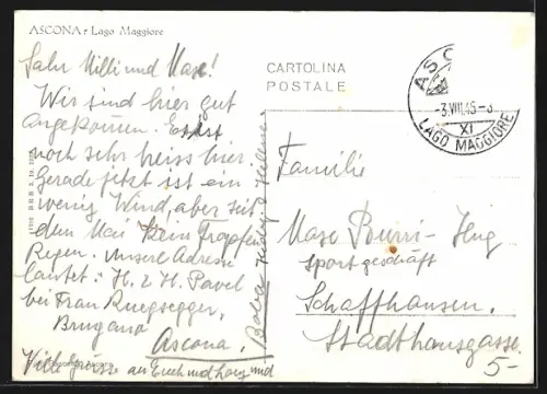 AK Ascona /Lago Maggiore, Panorama mit Segelboot