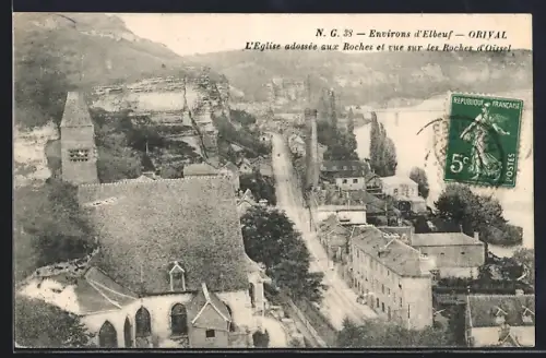 AK Orival, L`Église adossée aux Roches et vue sur les Roches d`Oisel