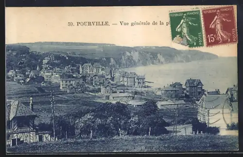 AK Pourville, Vue générale de la plage et des falaises en arrière-plan