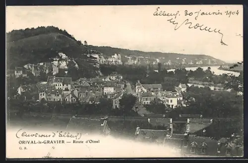 AK Orival-le-Gravier, Route d`Oissel et vue sur le village et les falaises environnantes