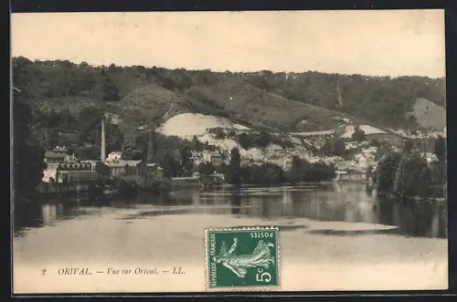 AK Orival, Vue sur Orival et la rivière avec collines en arrière-plan