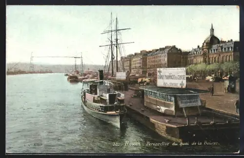 AK Rouen, Perspective du quai de la Bourse avec bateaux et bâtiments historiques