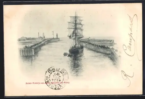 AK Saint-Valery-en-Caux, Entrée du port avec voilier et jetées animées