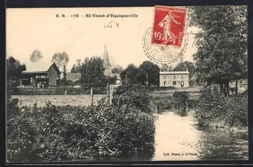 AK St-Vaast-d`Equiqueville, Vue du village avec rivière et bâtiments ruraux